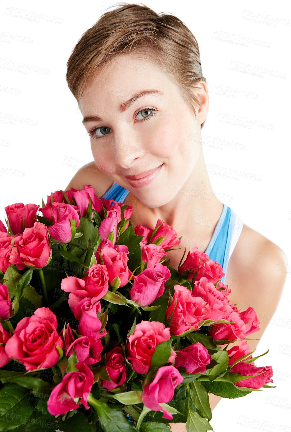Buy stock photo Woman, face and rose bouquet in portrait, Valentines day gift and love, nature zoom isolated on white background. Smile, beauty and happy, romance and celebrate holiday or anniversary in studio