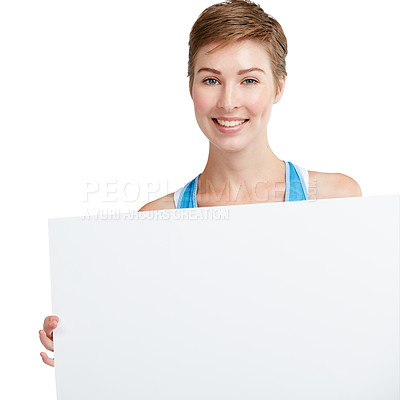 Buy stock photo Portrait, mockup and woman with poster, product placement and brand development with girl isolated on white studio background. Face, female and lady with banner, advertising and paper on backdrop