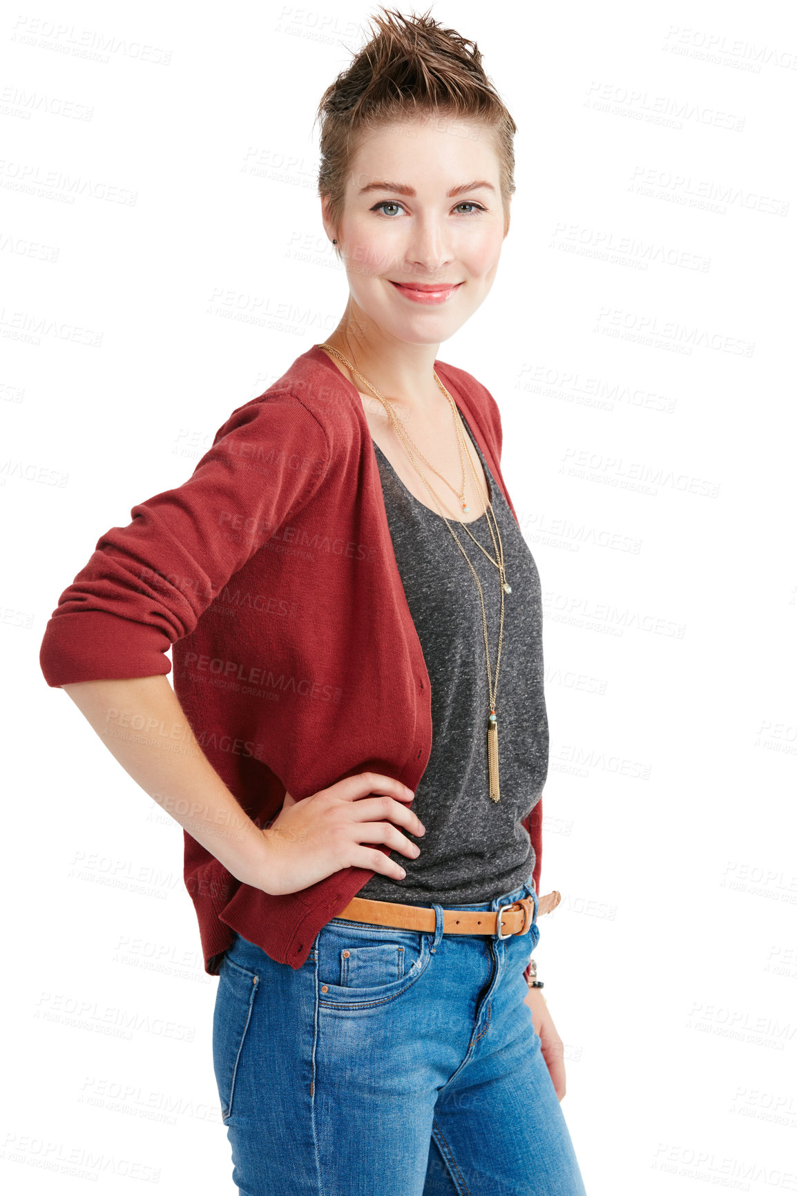 Buy stock photo Studio portrait of a confident young woman posing against a white background