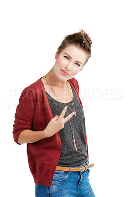 Buy stock photo Studio portrait of a young woman showing the v sign against a white background