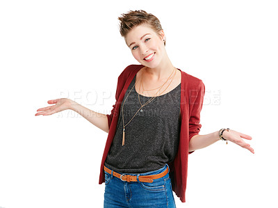 Buy stock photo Studio portrait of a young woman shrugging against a white background