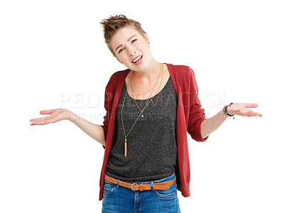 Buy stock photo Studio portrait of a young woman shrugging against a white background