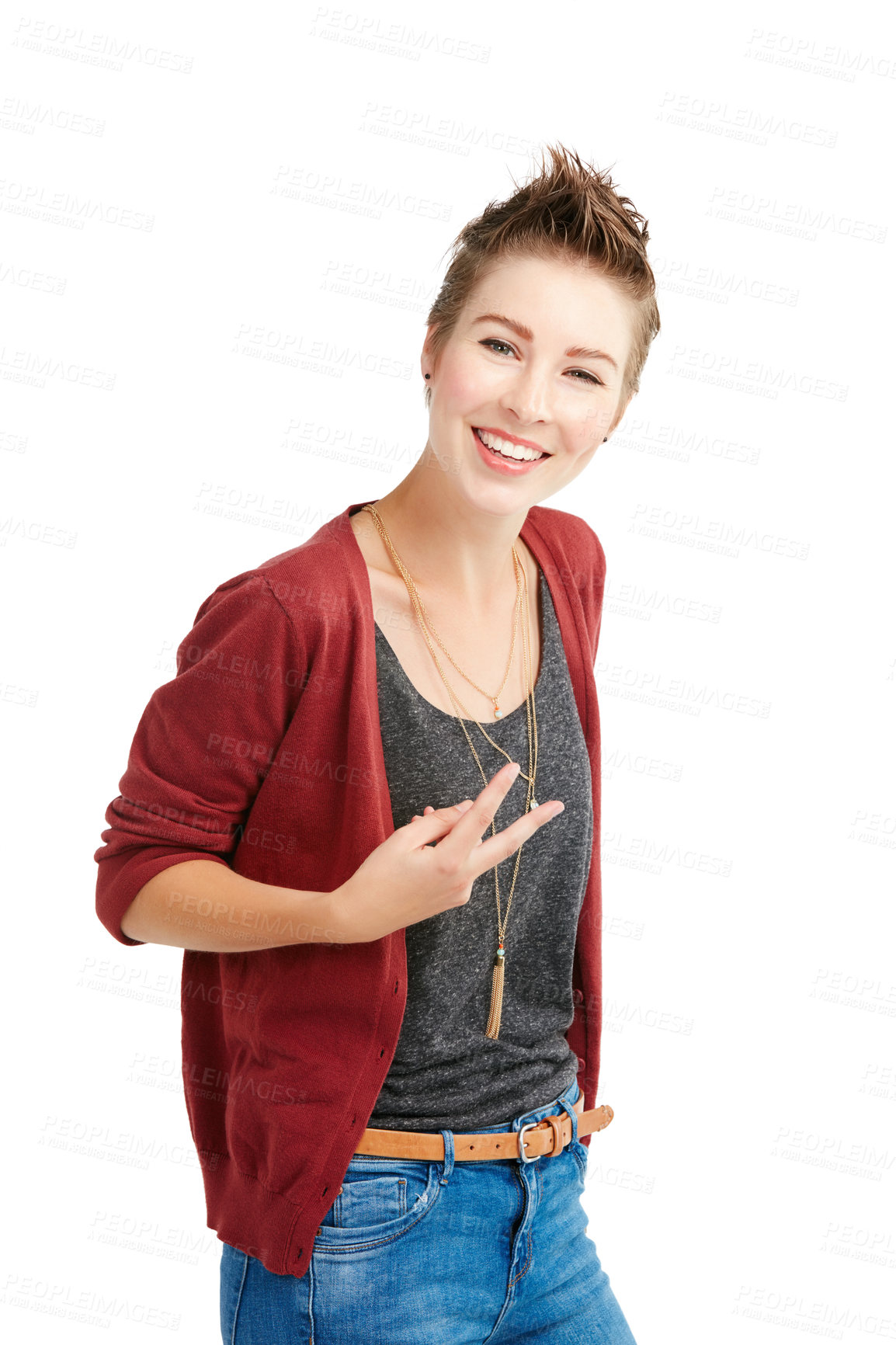 Buy stock photo Studio portrait of a young woman showing the v sign against a white background