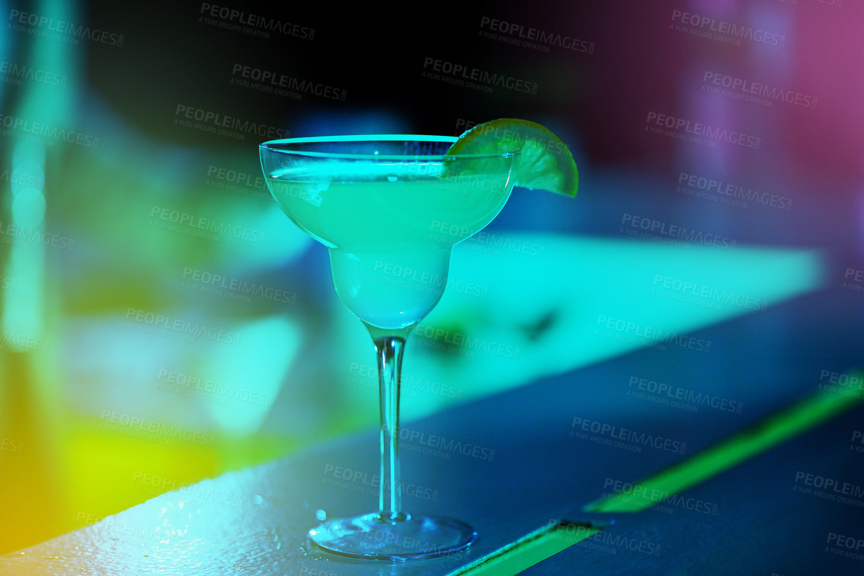 Buy stock photo Table, beverage or cocktail glass in nightclub for happy hour with weekend party and entertainment. Margarita or mojito, fruit and drink in restaurant with alcohol for celebration and ladies night