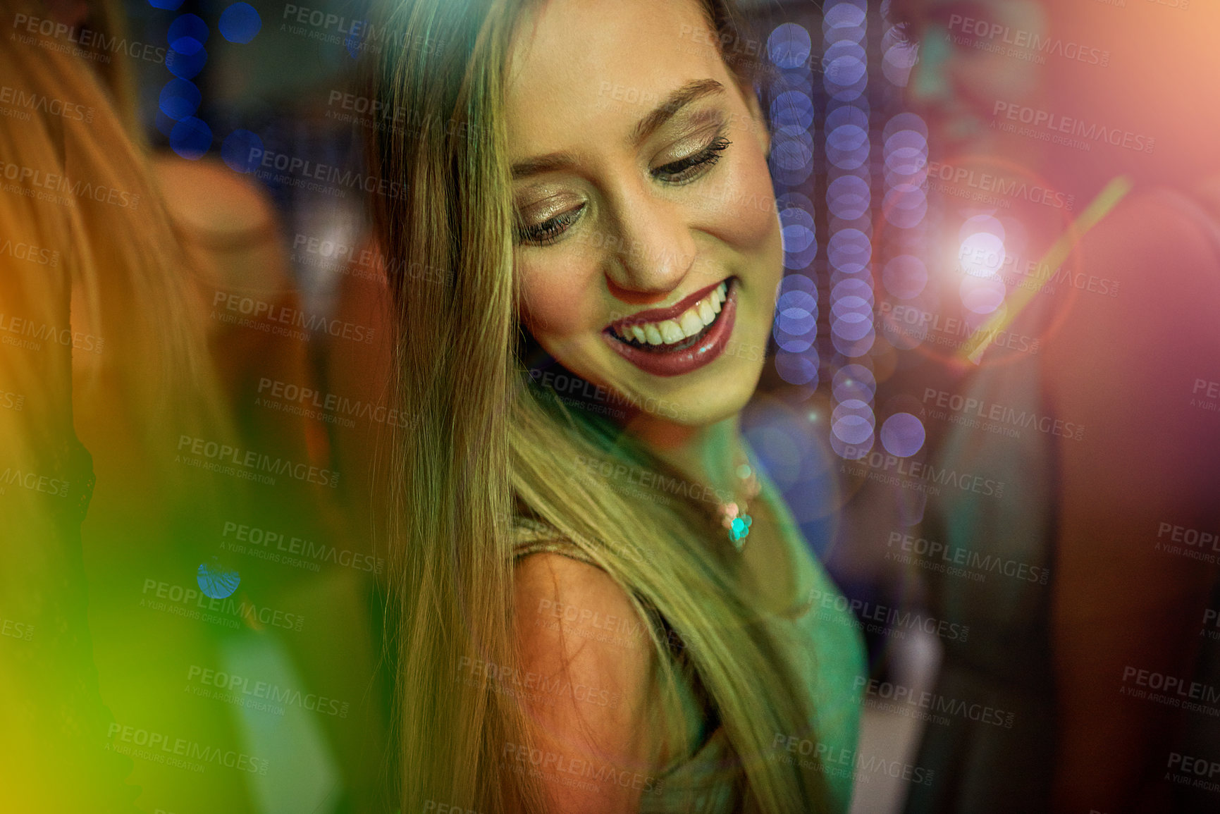 Buy stock photo Dancing, smile and woman in nightclub for, music or happy weekend at social event. Nightlife, energy and girl at neon rave club with lens flare, lights and celebration at party with youth culture