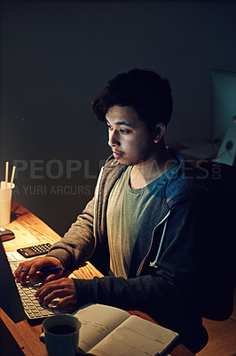 Buy stock photo Night, serious and computer with man in office for for research, budget review and planning. Data analytics, finance and investment with employee at desk for proposal, strategy and accounting