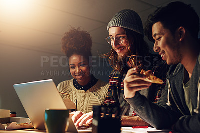 Buy stock photo University collaboration, laptop or students working on website search for IT college, digital database research or project. Education learning, night school study or teamwork review of online report