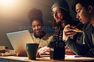 Buy stock photo University teamwork, laptop and students working on web search for IT college, digital database research or project. Education learning, night school study or collaboration review of online analytics