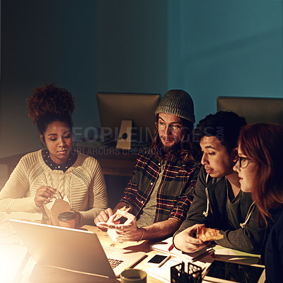 Buy stock photo College teamwork, laptop and night students working on web search for university research, digital IT database or project. Education learning, school study or diversity people review of online report