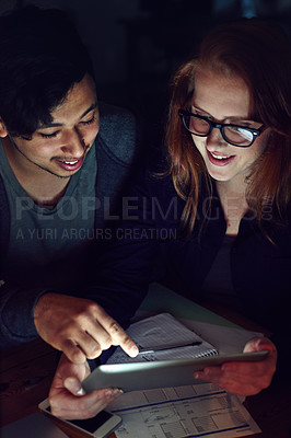 Buy stock photo Teamwork, tablet and collaboration with people in office at night for planning, web design and strategy. Creative, research and technology with man and woman in startup for data, proposal and idea