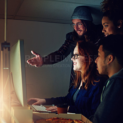 Buy stock photo Computer, diversity and night team gesture at html code, cybersecurity system or programming app software. Information technology, developer and programmer teamwork on coding cloud computing database