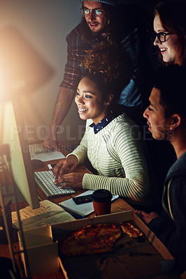 Buy stock photo Startup business, computer and team reading web design code, cloud computing software or app UI system on dark night. Website SEO, social media content review or happy people teamwork on UX interface