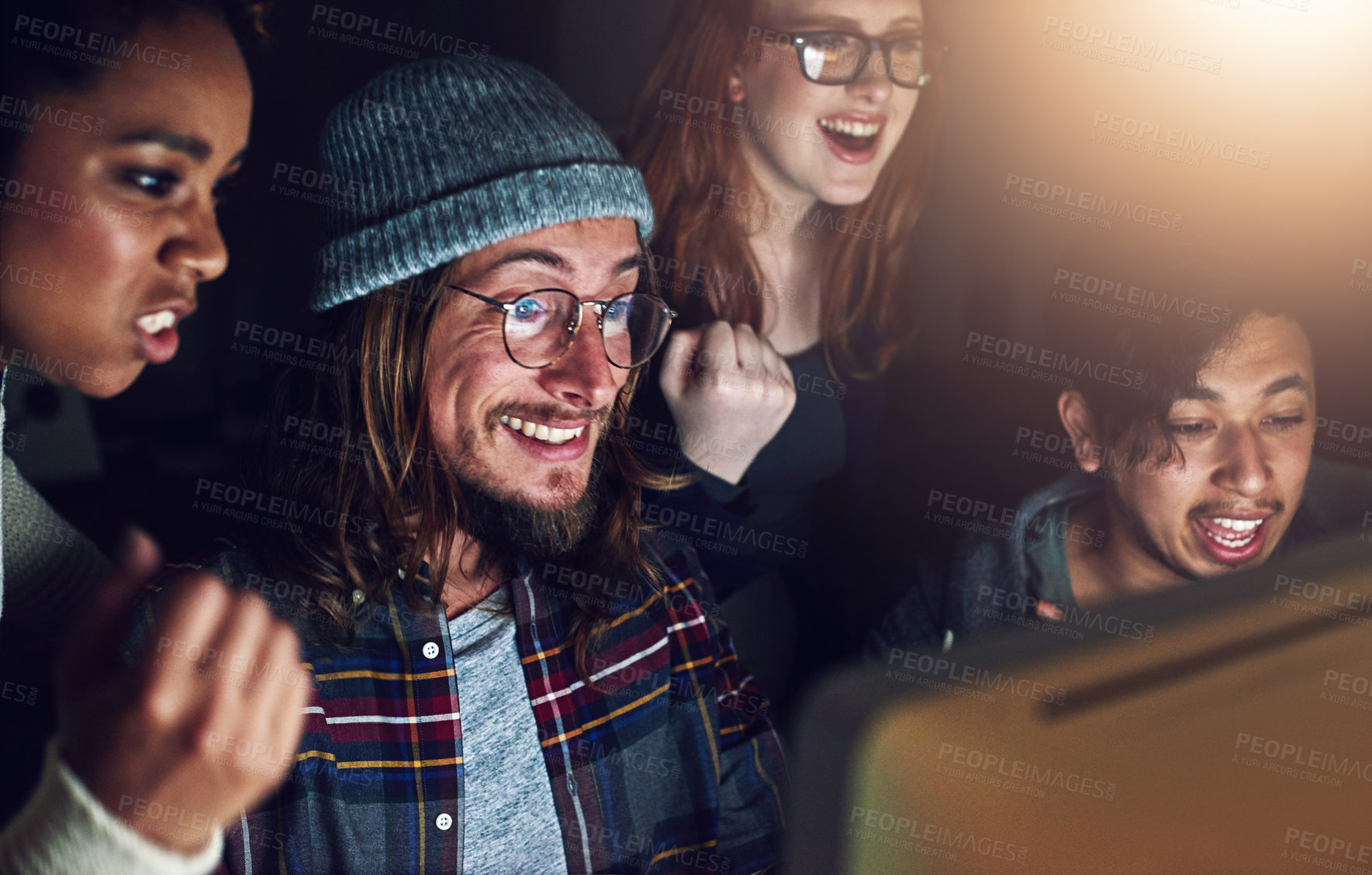 Buy stock photo Computer, cheers and night team celebrate programming ERP software, cybersecurity success or code completion. Collaboration, ai developer or happy programmer done with coding cloud computing database