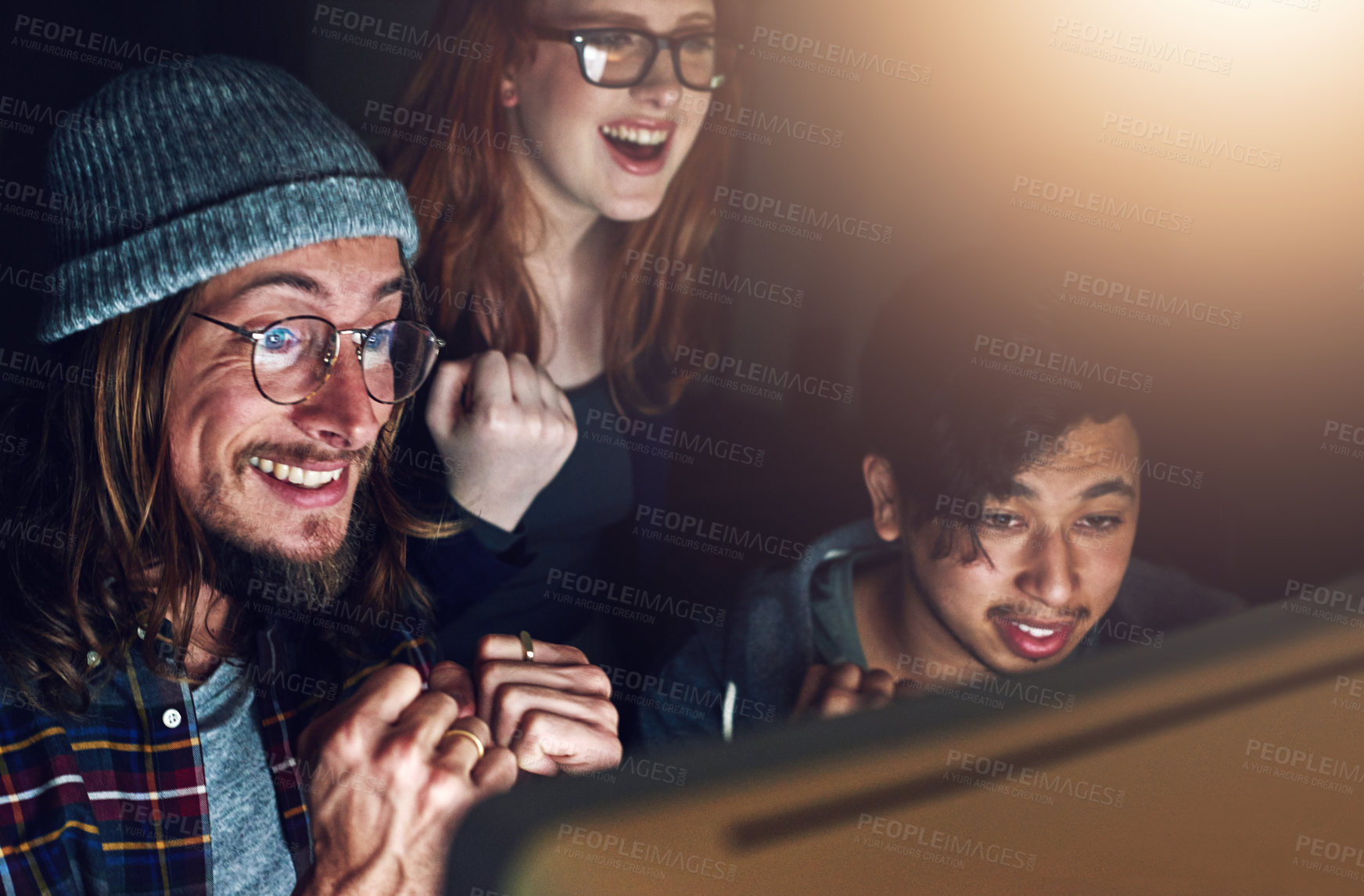 Buy stock photo Computer, cheers and night people celebrate programming ERP software, cybersecurity success or code completion. Teamwork, ai developer or excited programmer done with coding machine learning database