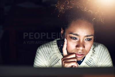 Buy stock photo Web designer, face of black woman and thinking, night shift and reading in dark with deadline. Content research, serious female and working late at digital marketing startup in Chicago and webdesign