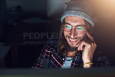 Buy stock photo Internet, laptop and man streaming online video at night or evening with a smile reading an email, website or web. Person, young and male browsing using wifi on a computer and working late