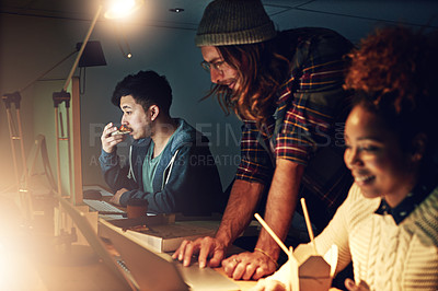 Buy stock photo Night, office startup and young people in information technology, computer software development and coding deadline. Team, employees or person working on laptop in digital solution and takeaway food
