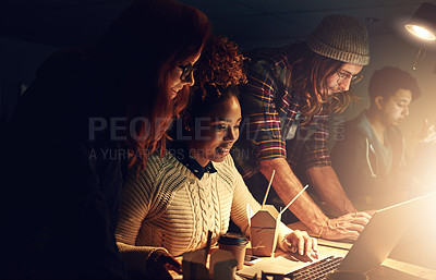 Buy stock photo University teamwork, laptop or people work on website search for IT college, campus database research or project. Education learning, night school study or students collaboration on web data analysis