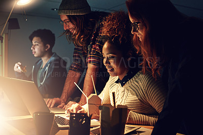 Buy stock photo Night office, startup and young people with teamwork, collaboration and project deadline for software development on computer. Team of employees working on laptop for digital solution and ramen food
