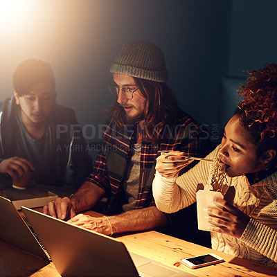 Buy stock photo Office, food and night with laptop collaboration on web search for college research, learning digital database or IT project. Noodles, school education study and students review data analysis code