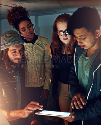 Buy stock photo Teamwork collaboration, tablet and night students work on university app database, problem solving or IT college research. Education learning, school study and diversity people review online software