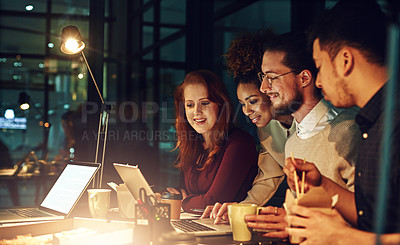 Buy stock photo Business people, laptop and collaboration at night for team planning, project deadline or strategy at office. Group of employee designers busy working overtime or late evening together on computer