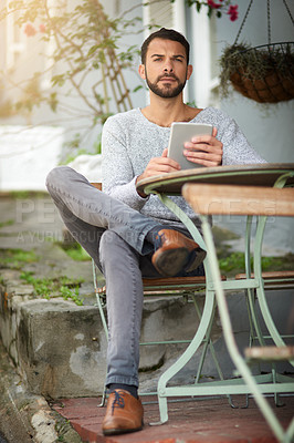 Buy stock photo Businessman and freelancer with tablet outdoors at cafe for email, typing and remote work. Male person, copywriter and technology for feedback, research and connection for blog article or seo content