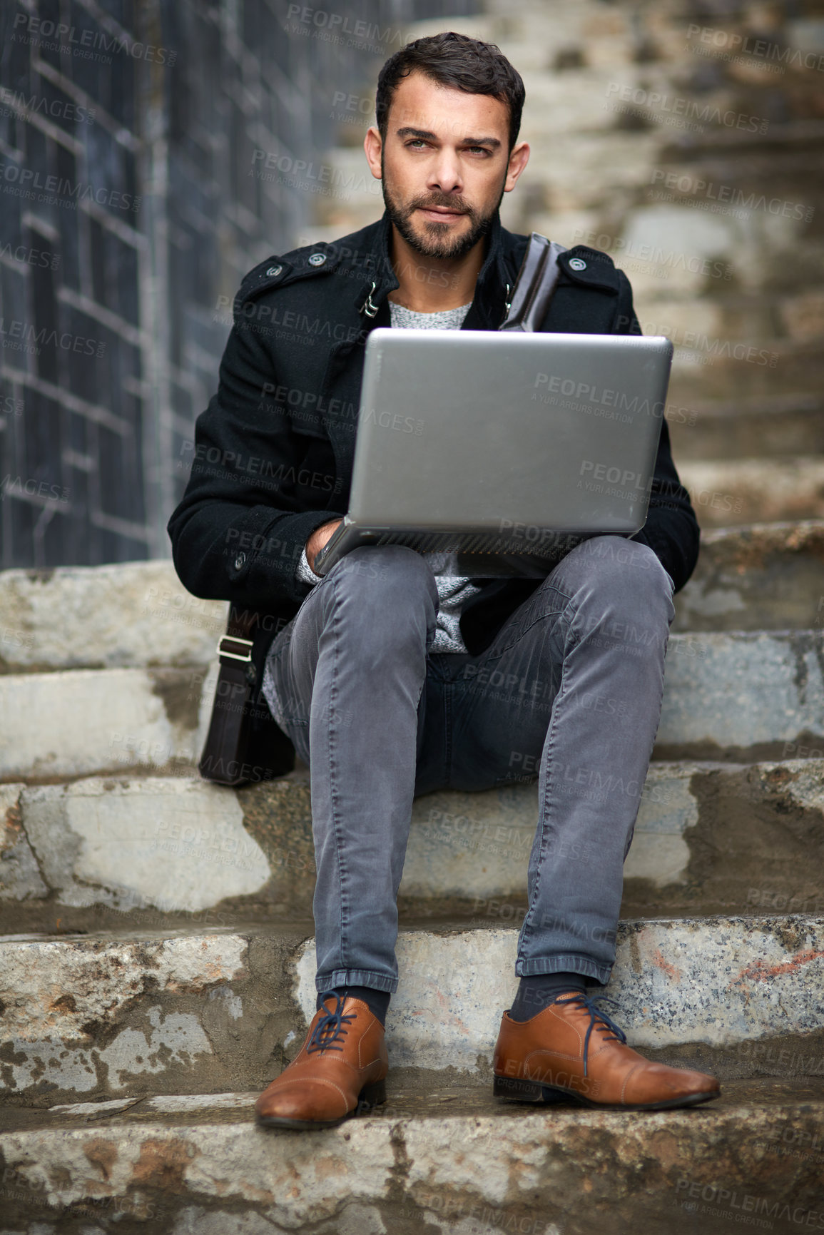 Buy stock photo Man, thinking and laptop on stairs for remote work, email, and research for writing. Creative, male person and copywriter with computer for freelance articles or blog outdoors in urban New York