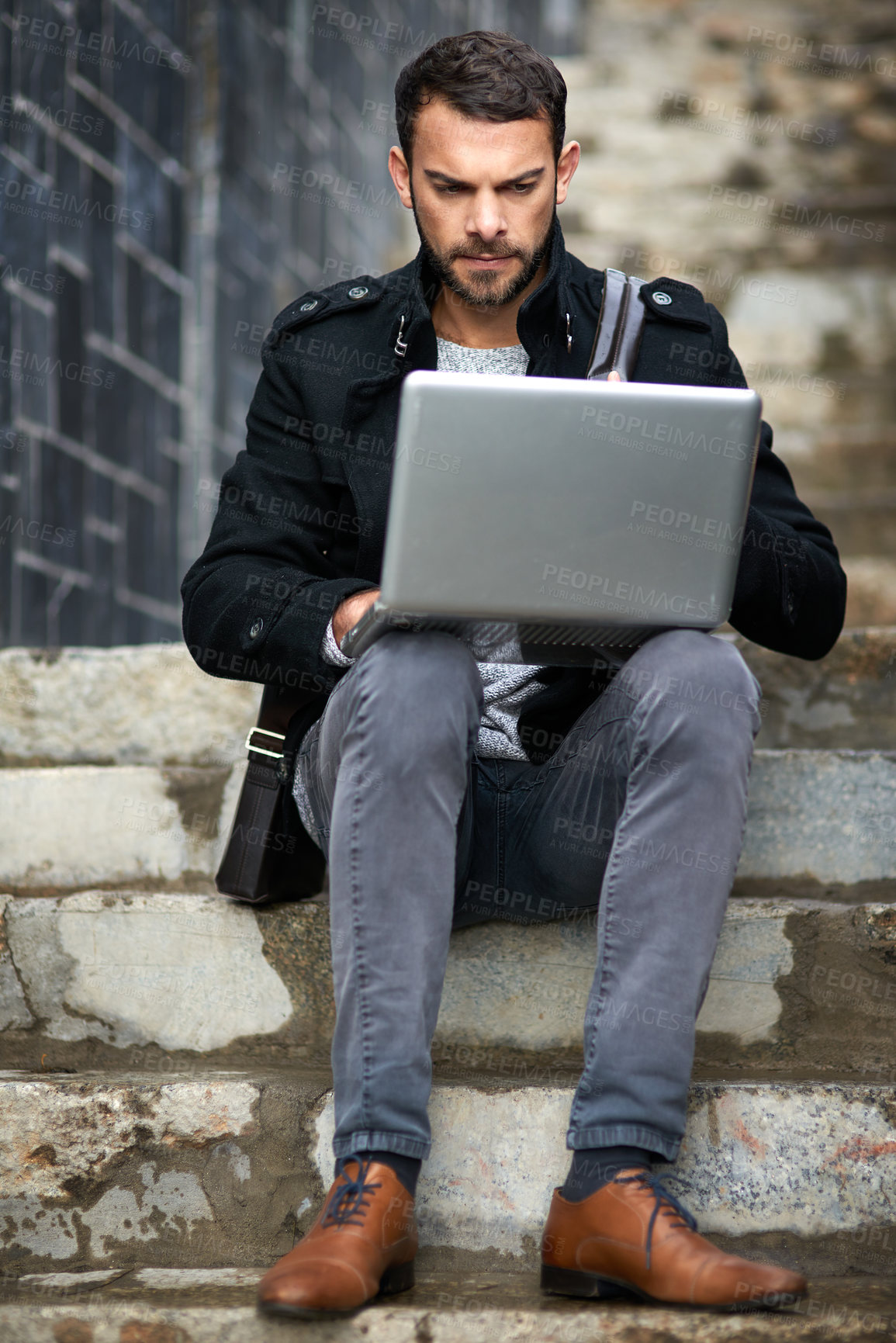 Buy stock photo Man, typing and laptop on stairs for remote work, email, and research for writing. Creative, male person and copywriter with computer for freelance articles or blog outdoors in urban New York