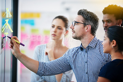 Buy stock photo Collaboration, brainstorming and team building or design a creative idea together in meeting and planning a strategy. Management, teamwork and group of employees writing vision for a startup company