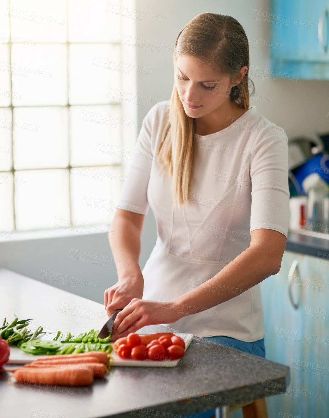 Buy stock photo Woman, kitchen and cutting in vegetables, preparing and healthy meal for cooking, home and nutrition. Vegetarian, organic and ingredients with food, diet and wellness or dinner, lunch in apartment