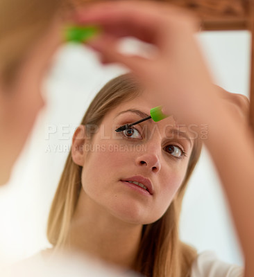 Buy stock photo Woman, home and mirror with mascara brush for beauty, reflection and confident with results. Female person, face and apply for eyelash, aesthetics and cosmetics for transformation and self care 