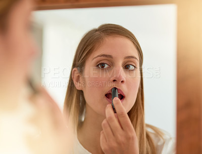 Buy stock photo Woman, home and mirror with lipstick for beauty, reflection and confident with results. Female person, face and lips for appearance, aesthetics and cosmetics for transformation with self love
