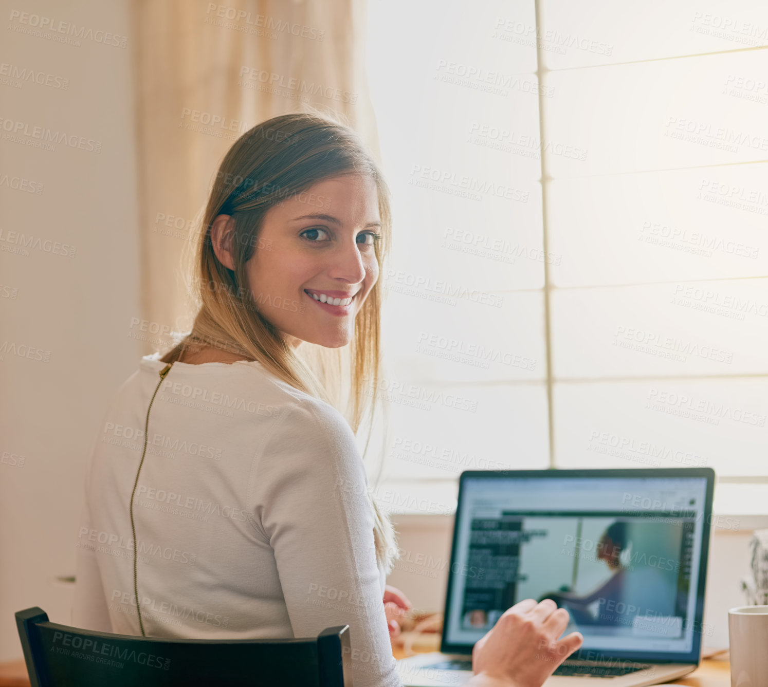 Buy stock photo Woman, portrait and happy in home with laptop screen for work with online website or email. Student, study and education or social network with smile, mockup and internet for learning in Germany.