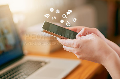 Buy stock photo Enhanced shot of an unrecognizable young woman using her smartphone at home