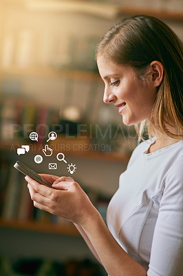 Buy stock photo Icon, smile and woman with a smartphone, typing and connection for social media, communication and sms. Female person, network and girl with happiness, texting and digital chatting with a contact