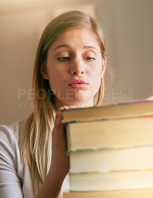 Buy stock photo Woman, worried and student in home with books, education and burnout for school assessment for university scholarship. Research, notebook pile and study information, overwhelmed and learning stress