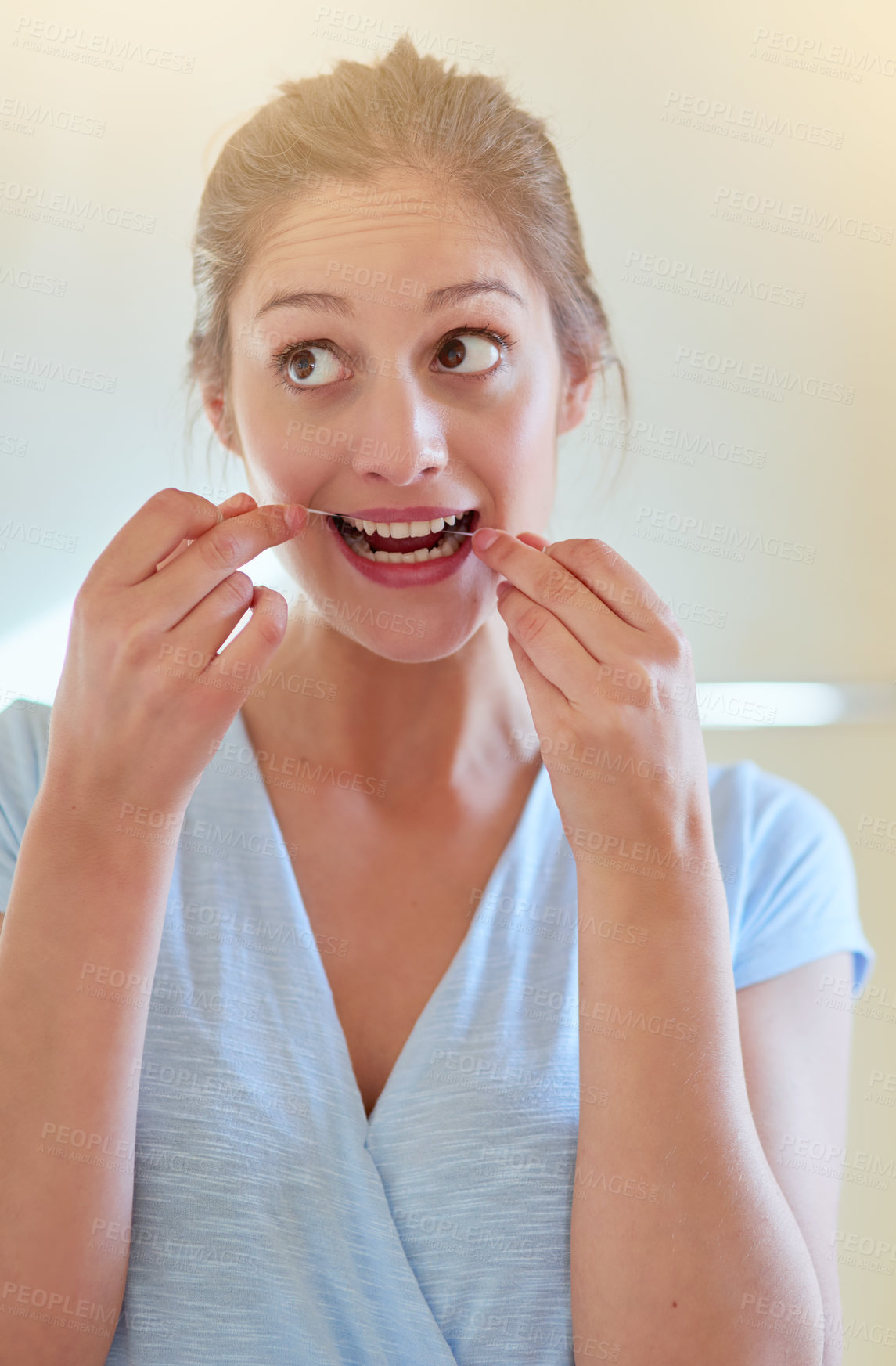 Buy stock photo Home, teeth and woman with floss in bathroom for dental care, gum health and wellness. Happy girl, plaque remove and tooth product for benefits, oral hygiene or prevention of cavities in house