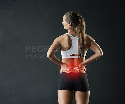 Buy stock photo Back pain, stress or woman in studio with fitness, mistake and red glow anatomy, risk or emergency on black background. Gym, injury or athlete with backache, tension or joint, burnout or fibromyalgia