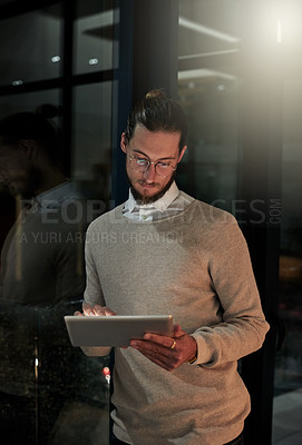 Buy stock photo Tablet, office and business man at night for research, internet and social media working late. Technology, communication and male with digital tech for email, networking and online website in dark