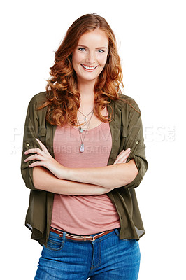 Buy stock photo Studio portrait of a young woman posing her her arms crossed
