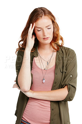Buy stock photo Studio shot of a young woman experiencing a headache