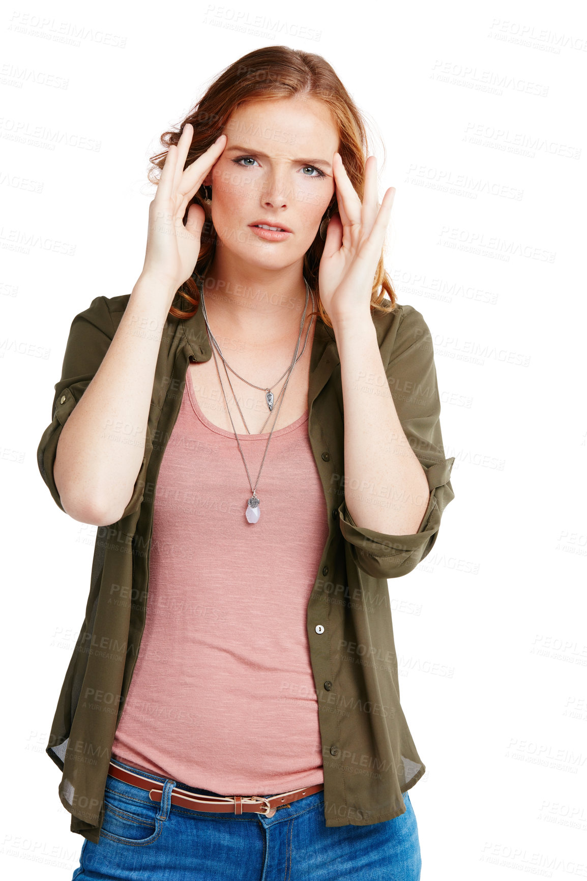 Buy stock photo Studio shot of a young woman experiencing a headache