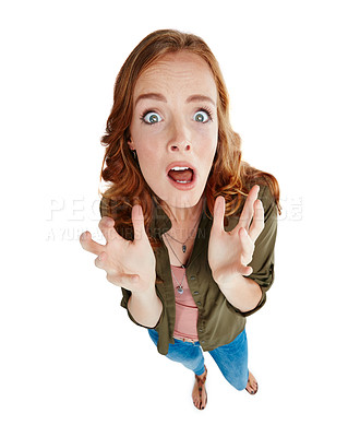 Buy stock photo Shot of a young woman looking scared against a white background