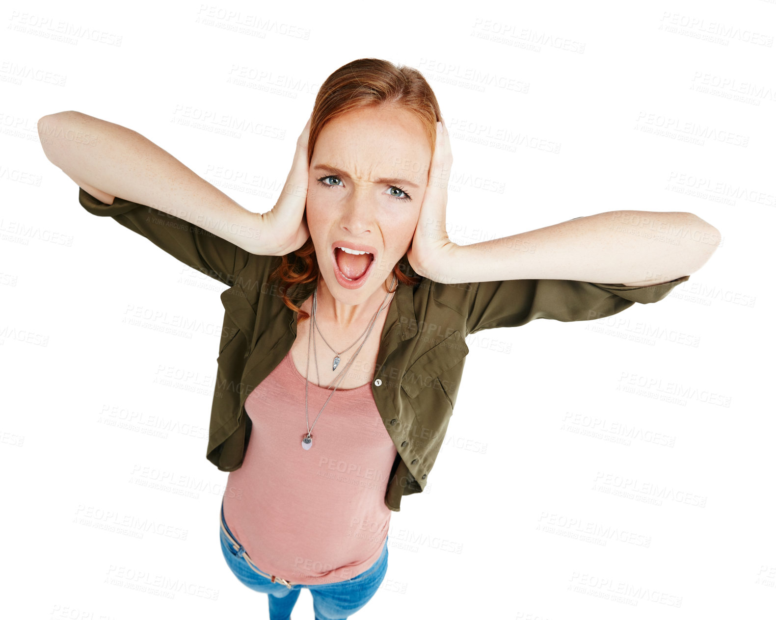 Buy stock photo Studio shot of a young woman covering her ears against a white background