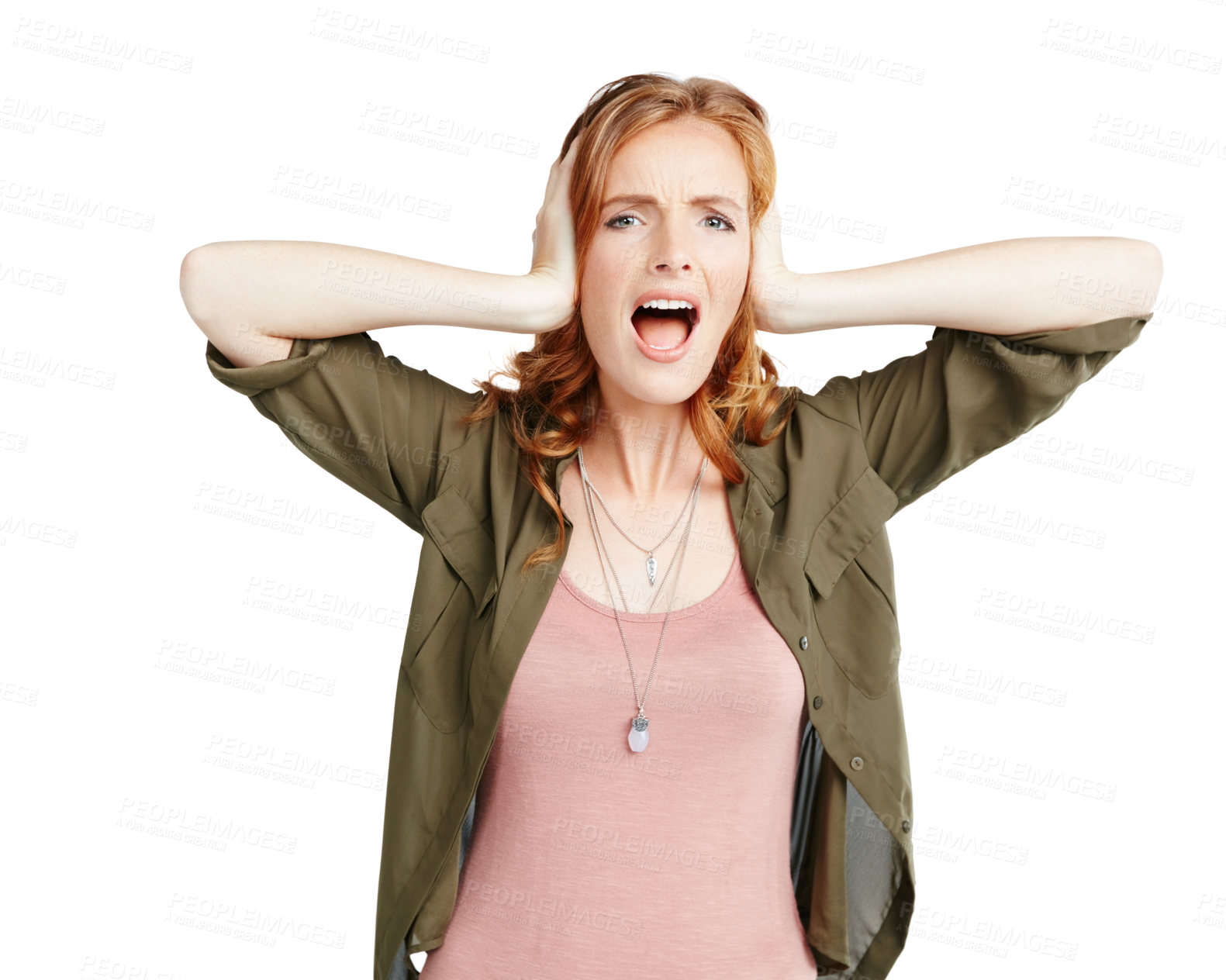 Buy stock photo Studio shot of a young woman covering her ears against a white background