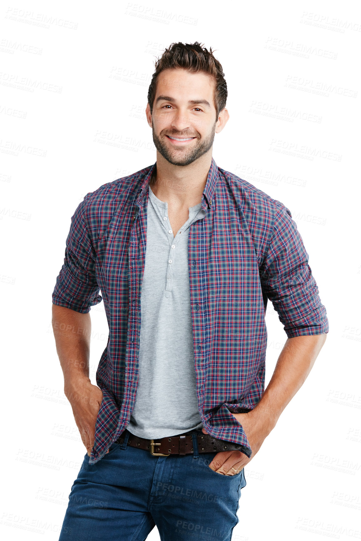 Buy stock photo Studio shot of a young man posing against a white background