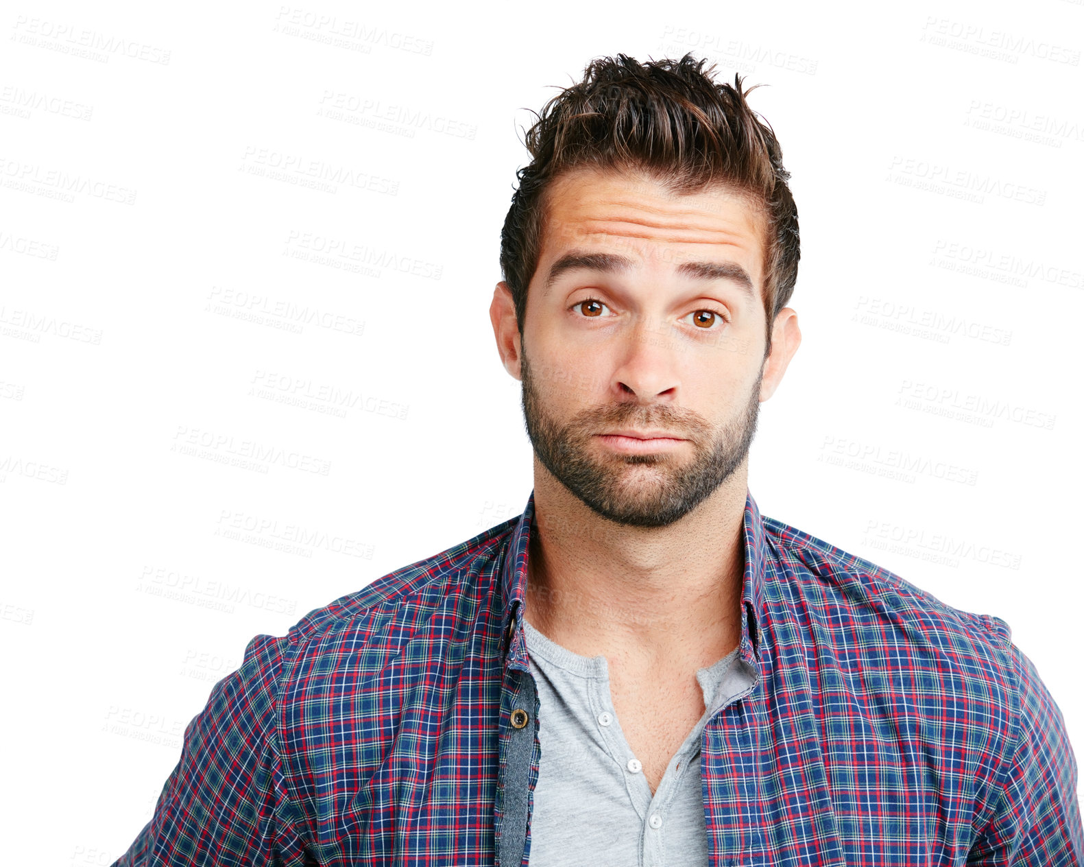 Buy stock photo Studio shot of a young man posing against a white background