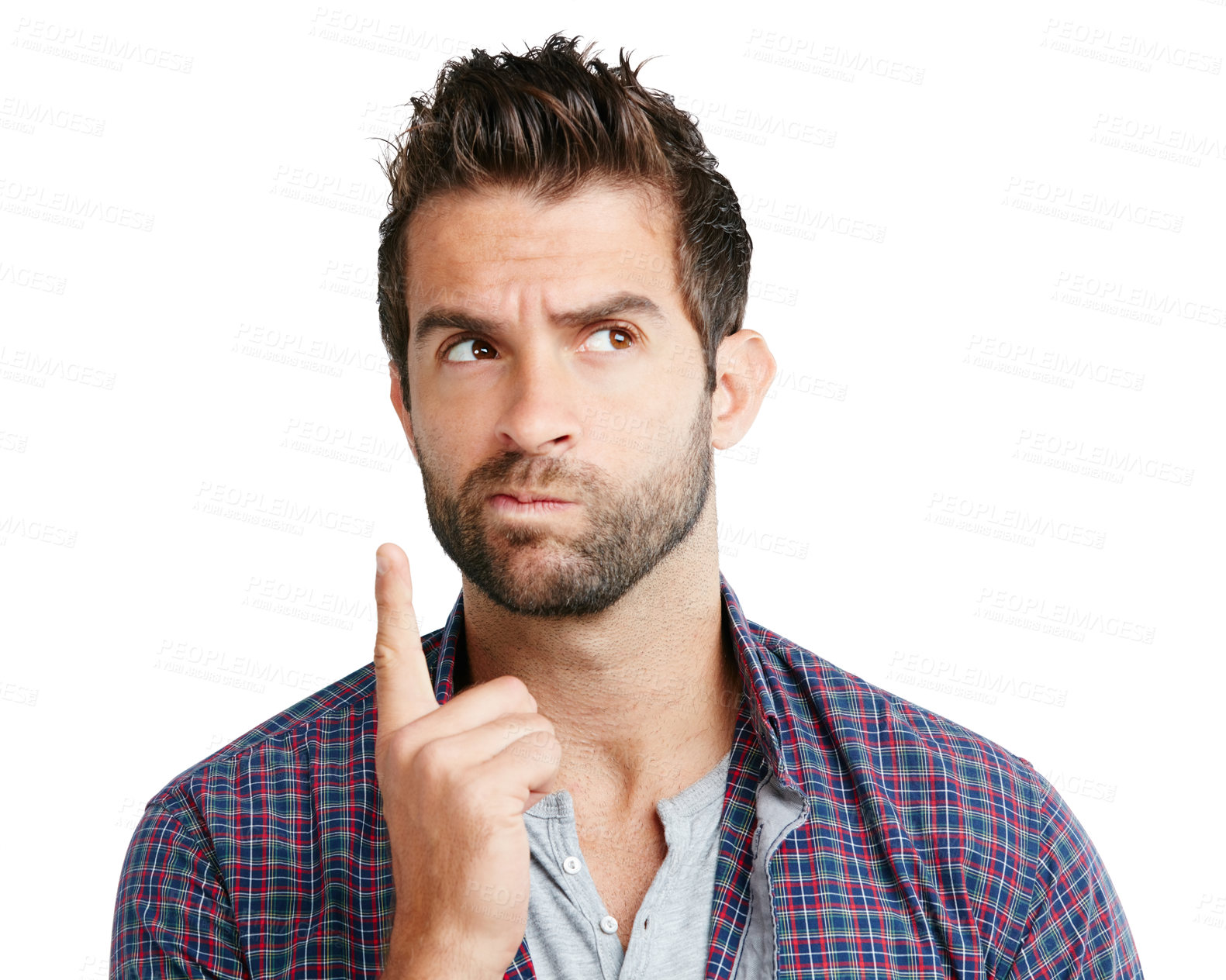 Buy stock photo Shot of a young man looking unsure against a white background