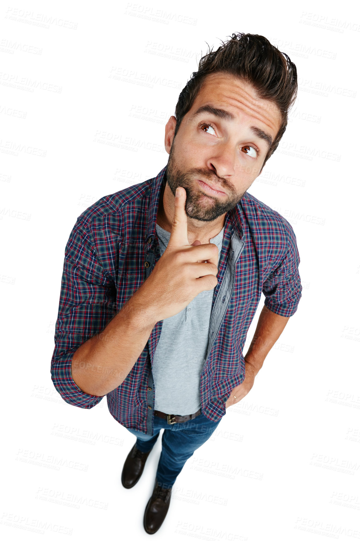 Buy stock photo Above, thinking and why with man in studio for decision, remember or problem solving. Doubt, solution and question with confused person isolated on white background for choice, planning or thought